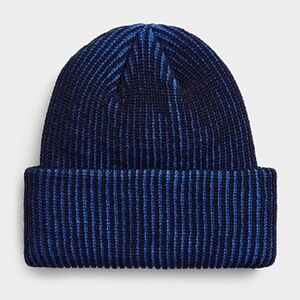 Unisex blue and black contrasting chunky rib knit tuque made in Canada NWT